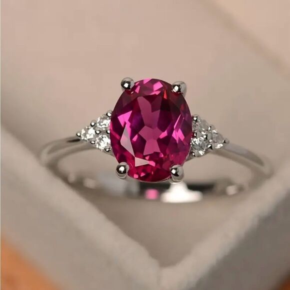White Gold Plated Rose Red Faceted Cubic Zirconia Ring Size 7 NWT - Picture 1 of 5